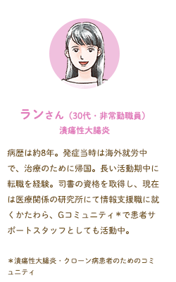 ランさん（30代・非常勤職員）潰瘍性大腸炎––病歴は約8年。発症当時は海外就労中で、治療のために帰国。長い活動期中に転職を経験。司書の資格を取得し、現在は医療関係の研究所にて情報支援職に就くかたわら、Gコミュニティで患者サポートスタッフとしても活動中。＊Gコミュニティ：潰瘍性大腸炎・クローン病患者のためのコミュニティ